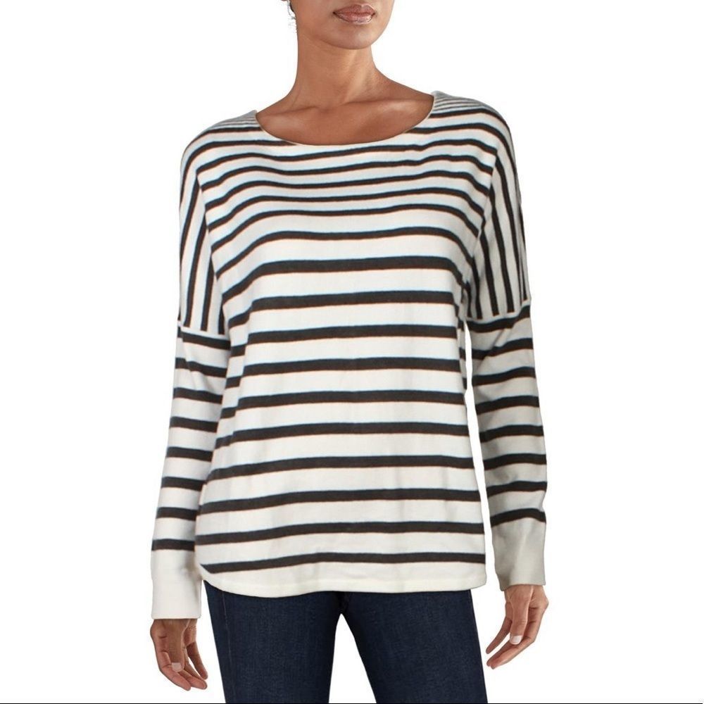 French Connection Gray/White Ribbed Trim Boatneck Sweater Top Size Large